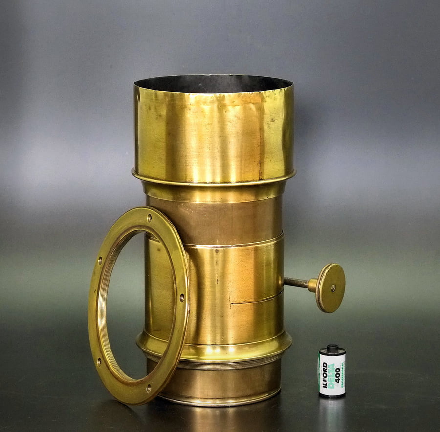 Vintage brass 450mm f/4.5 Wallet and Hermagis Petzval Lens 1850. Camera Accessories. Guy Bellingham Portrait Photographer, Professional Photographer, Celebrity Photographer, Fine Art Photographer, tintype.
